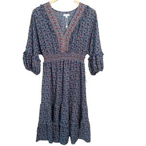 Max Studio‎ Women's L Midi Dress Brown Blue Floral Boho Western NWT